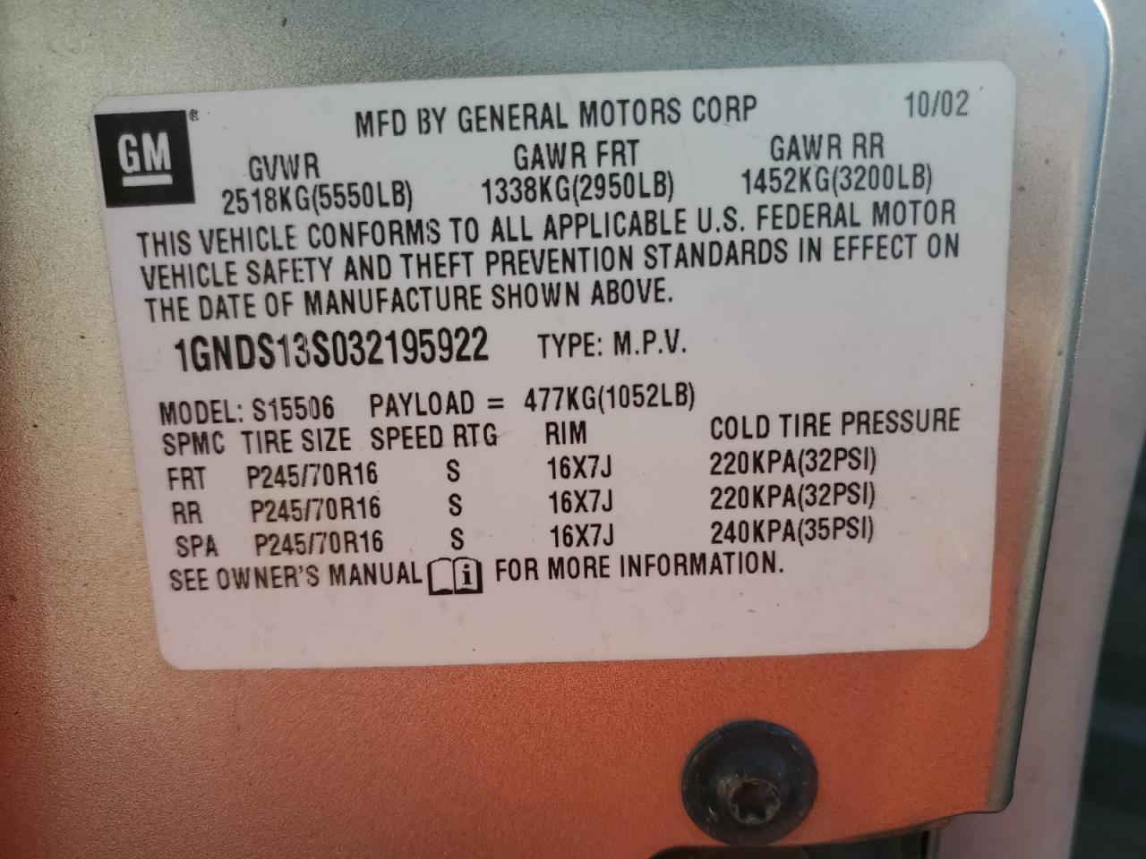 2003 Chevrolet Trailblazer VIN: 1GNDS13S032195922 Lot: 93296285