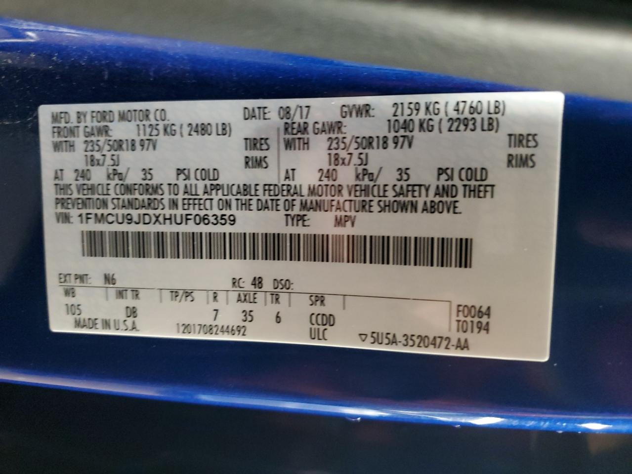 2017 Ford Escape Titanium VIN: 1FMCU9JDXHUF06359 Lot: 92375615