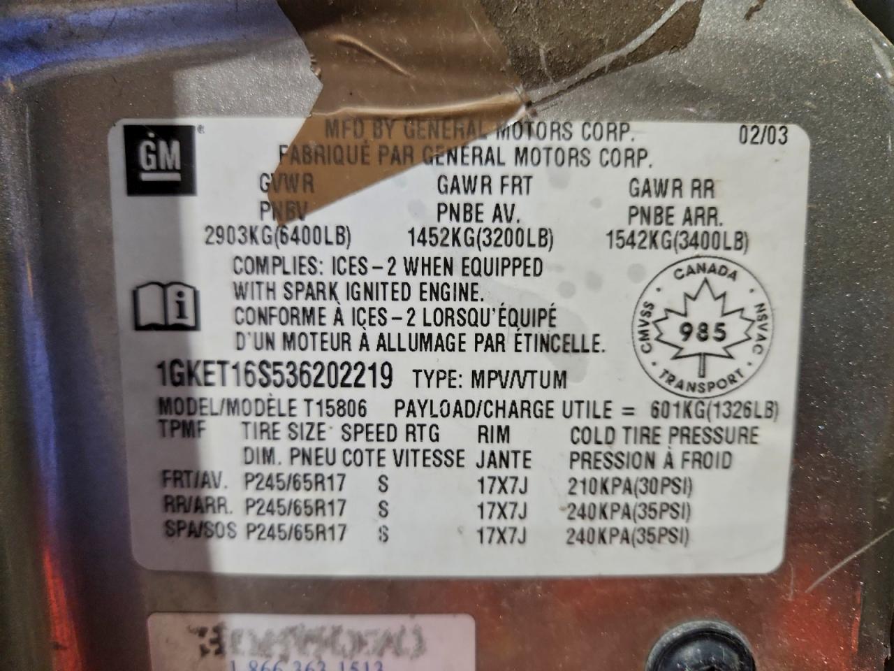 2003 GMC Envoy Xl VIN: 1GKET16S536202219 Lot: 94028055