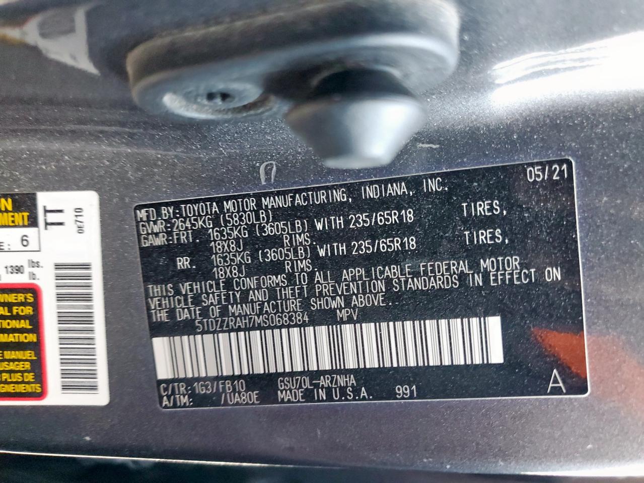 2021 Toyota Highlander L VIN: 5TDZZRAH7MS068384 Lot: 91984545