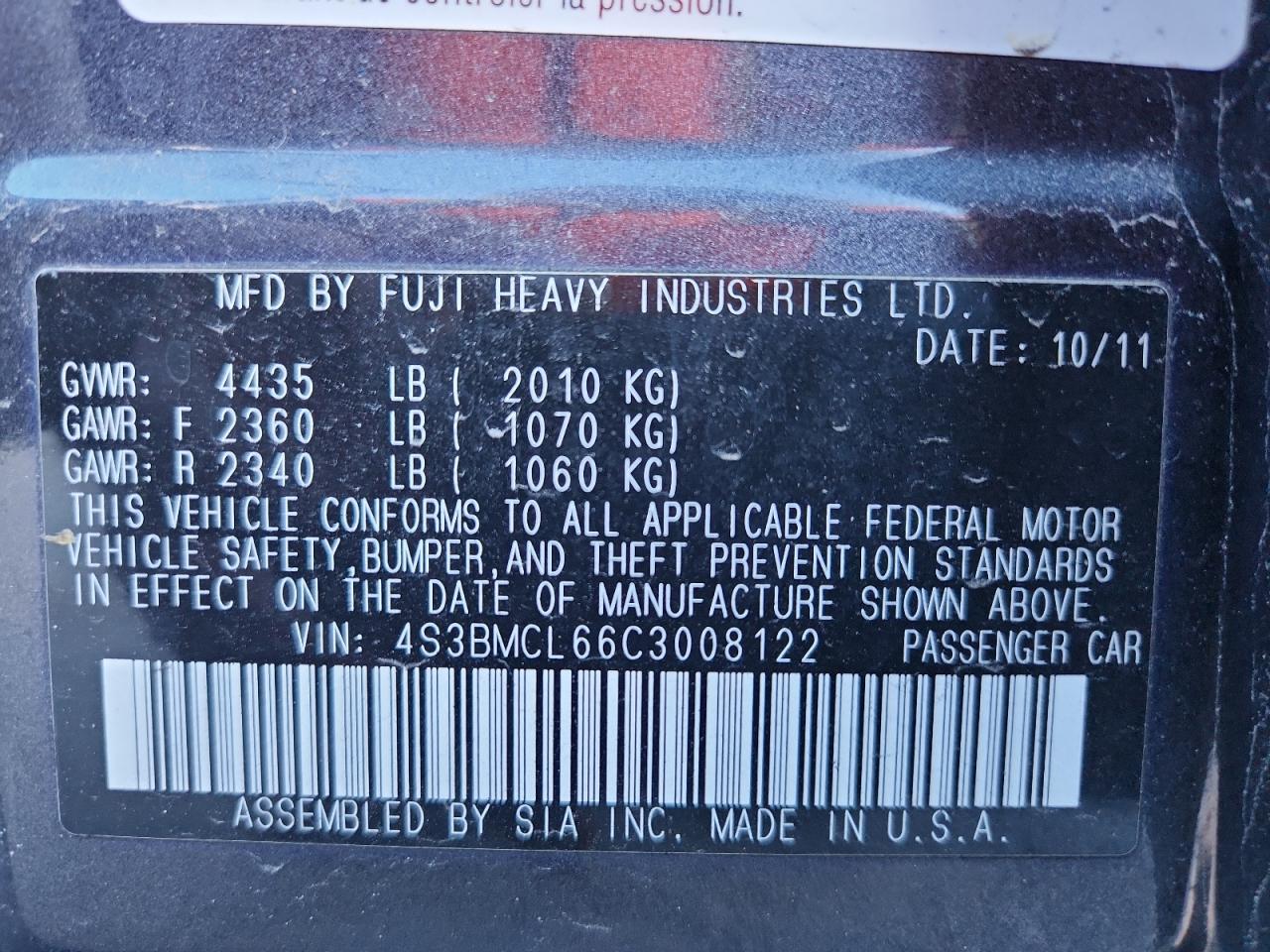 2012 Subaru Legacy 2.5I Limited VIN: 4S3BMCL66C3008122 Lot: 92154305