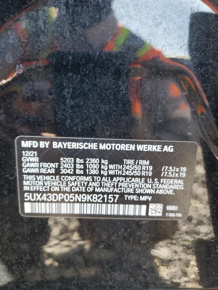 2022 BMW X3 Sdrive30I VIN: 5UX43DP05N9K82157 Lot: 92024285