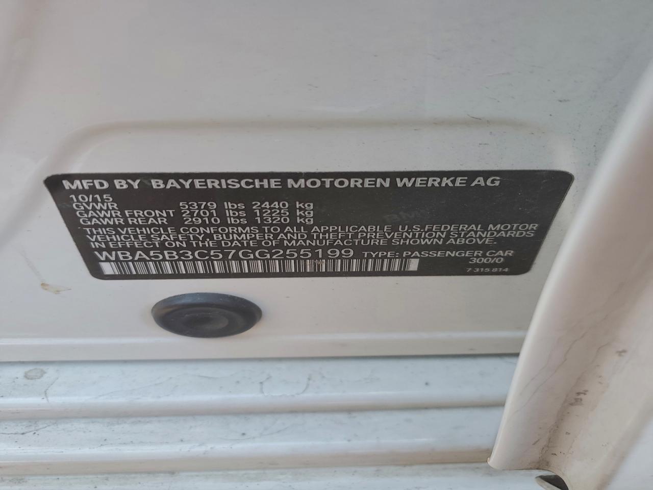 2016 BMW 535 Xi VIN: WBA5B3C57GG255199 Lot: 93930135