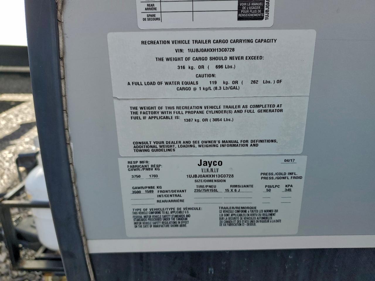 2017 Jayco Hummingbir VIN: 1UJBJ0AHXH13C0728 Lot: 94133095