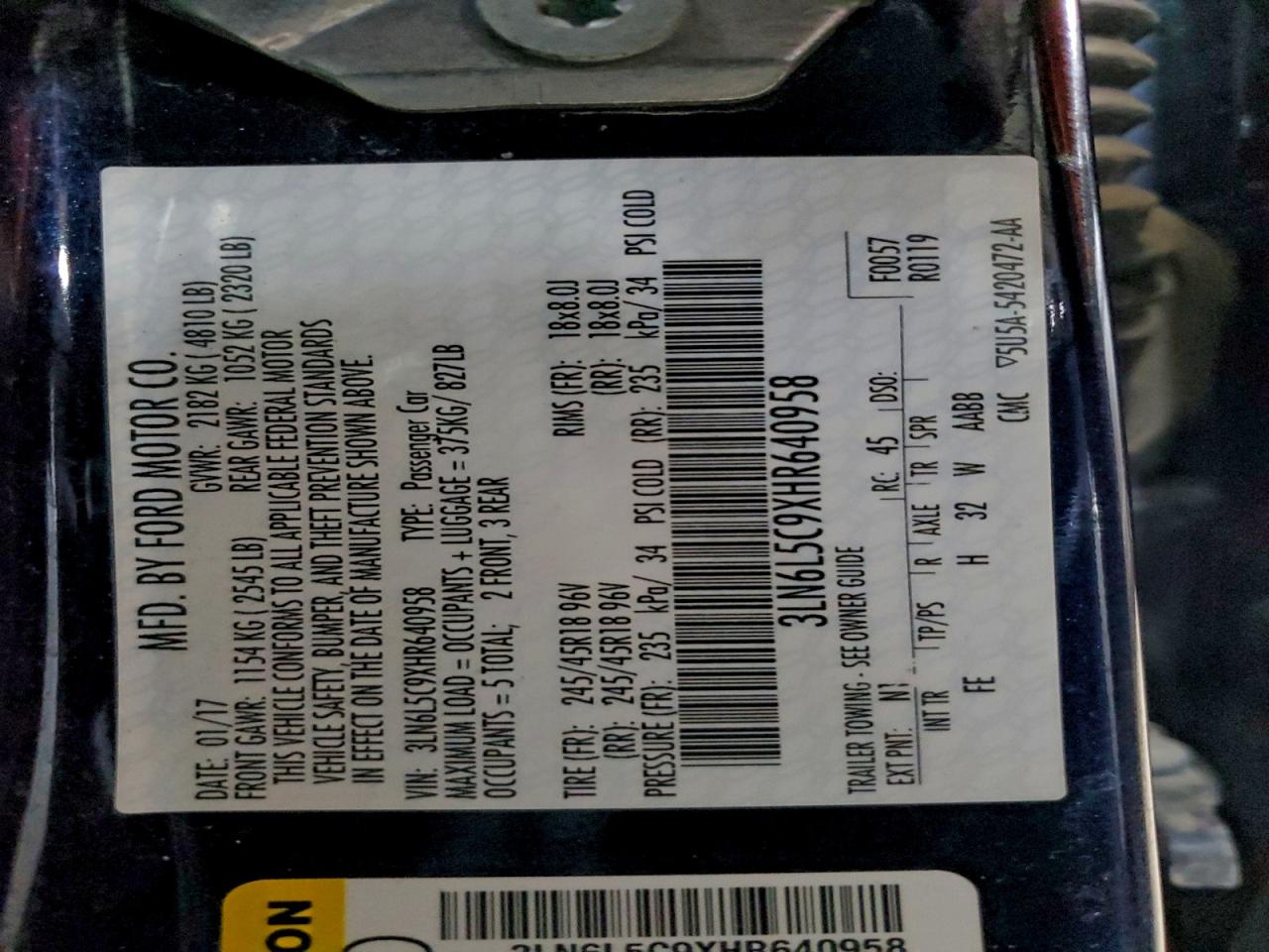 2017 Lincoln Mkz Select VIN: 3LN6L5C9XHR640958 Lot: 93724655