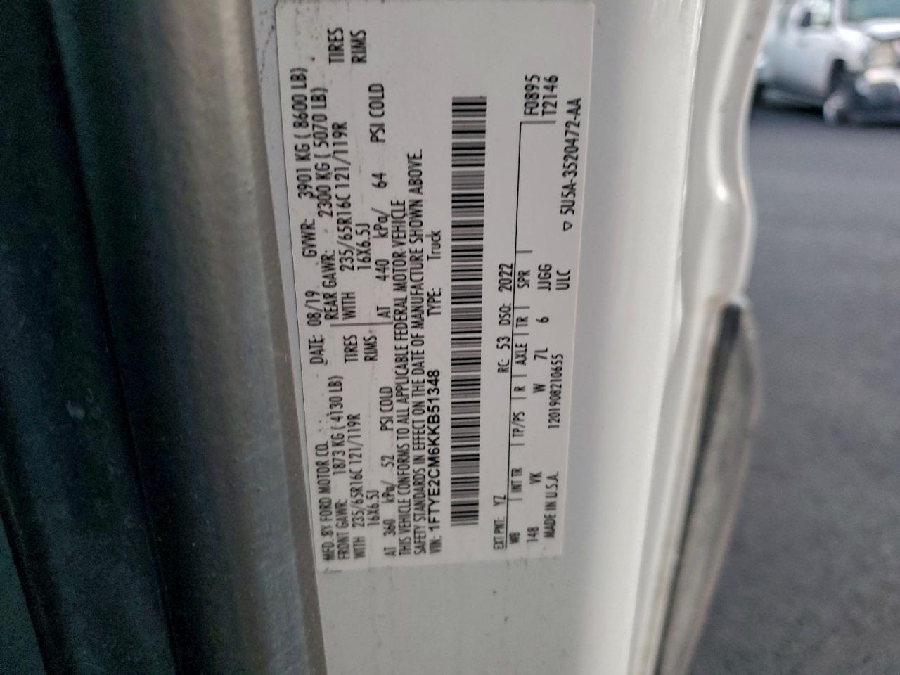 2019 Ford Transit T-150 VIN: 1FTYE2CM6KKB51348 Lot: 91707425