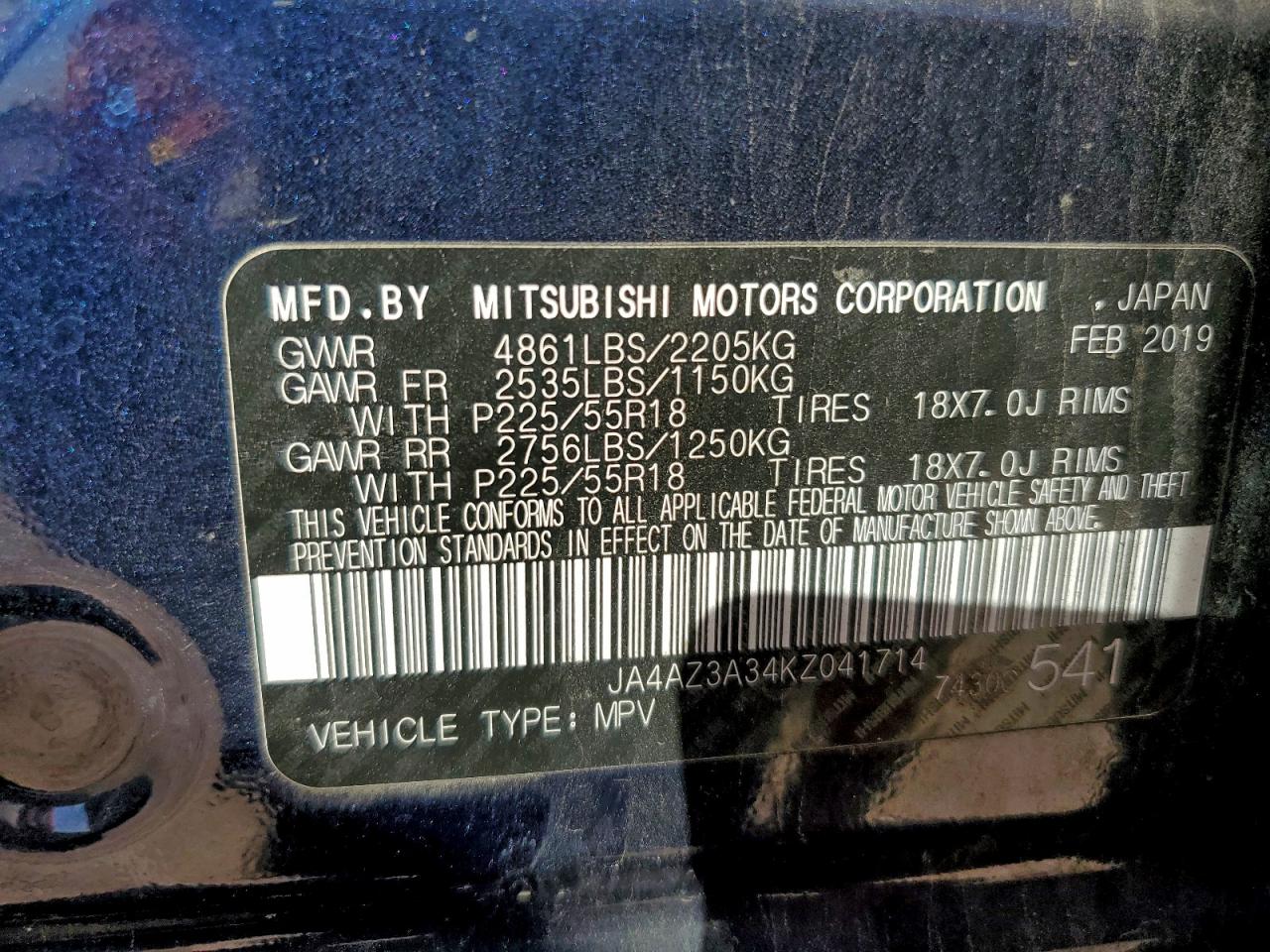 2019 Mitsubishi Outlander Se VIN: JA4AZ3A34KZ041714 Lot: 93420825
