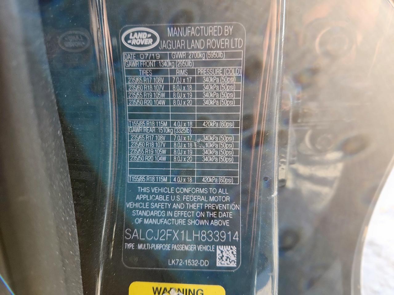 2020 Land Rover Discovery Sport S VIN: SALCJ2FX1LH833914 Lot: 91706285