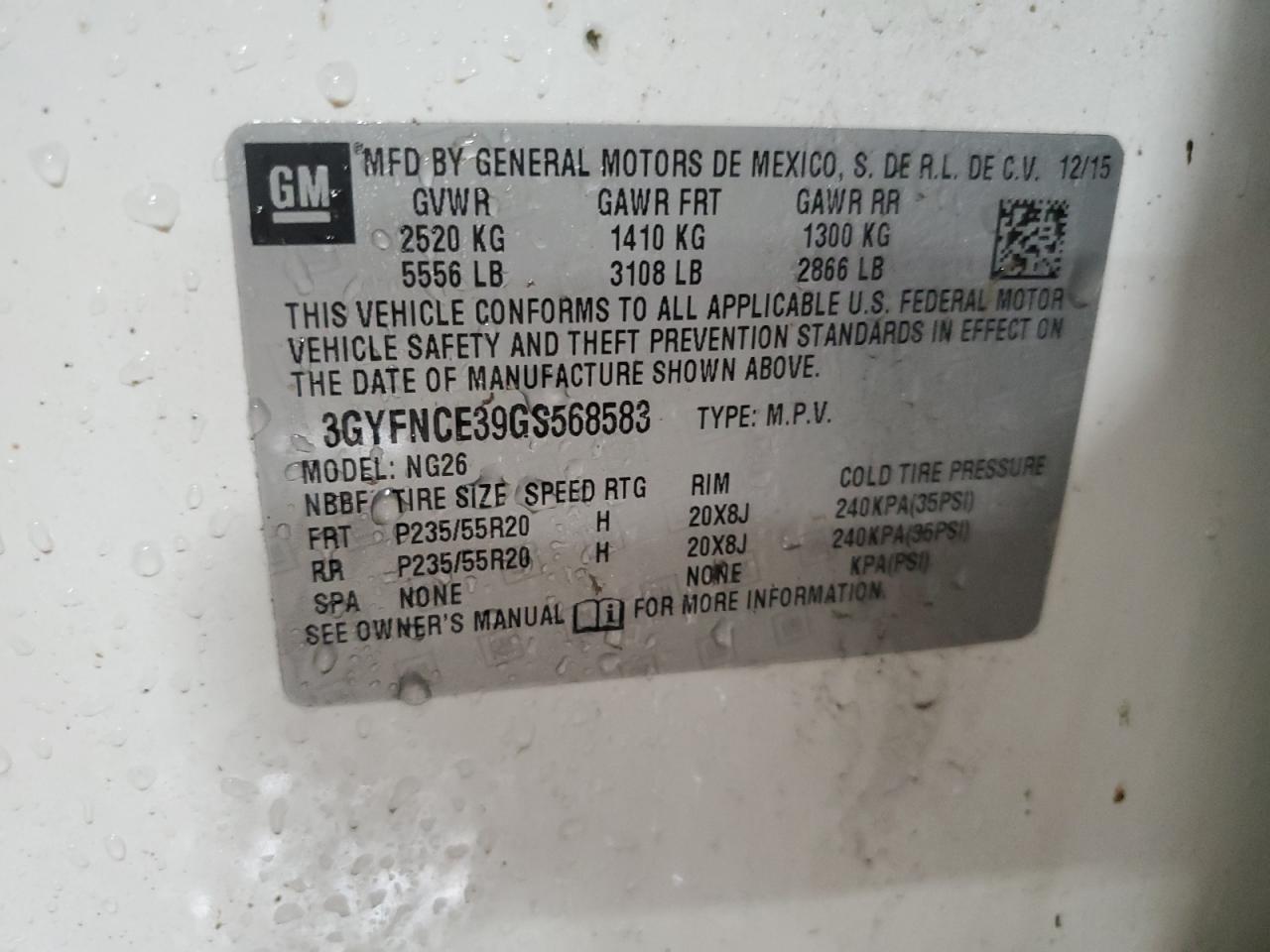 2016 Cadillac Srx Performance Collection VIN: 3GYFNCE39GS568583 Lot: 93201535