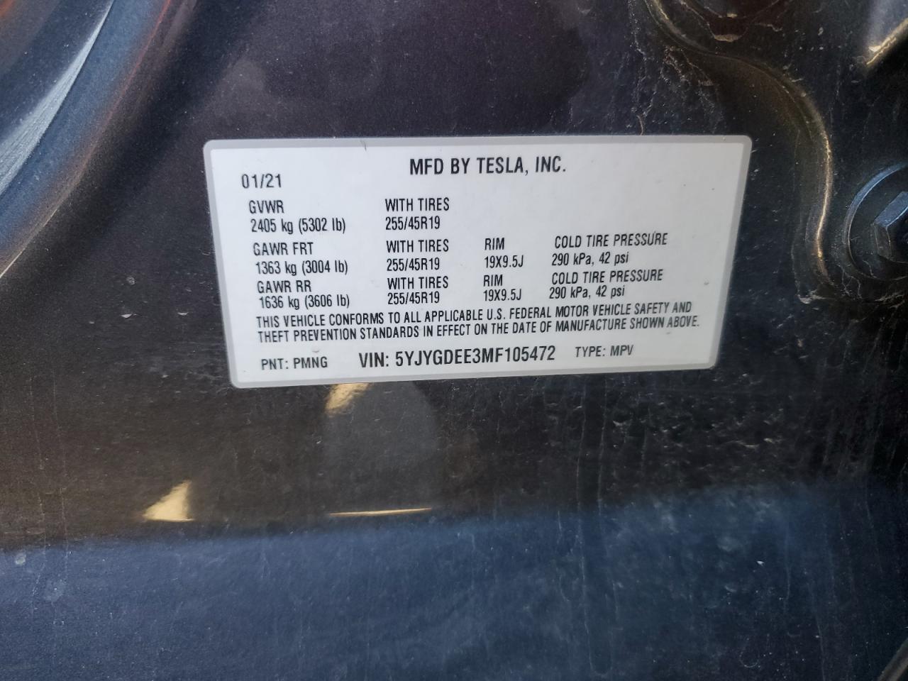 2021 Tesla Model Y VIN: 5YJYGDEE3MF105472 Lot: 91846505