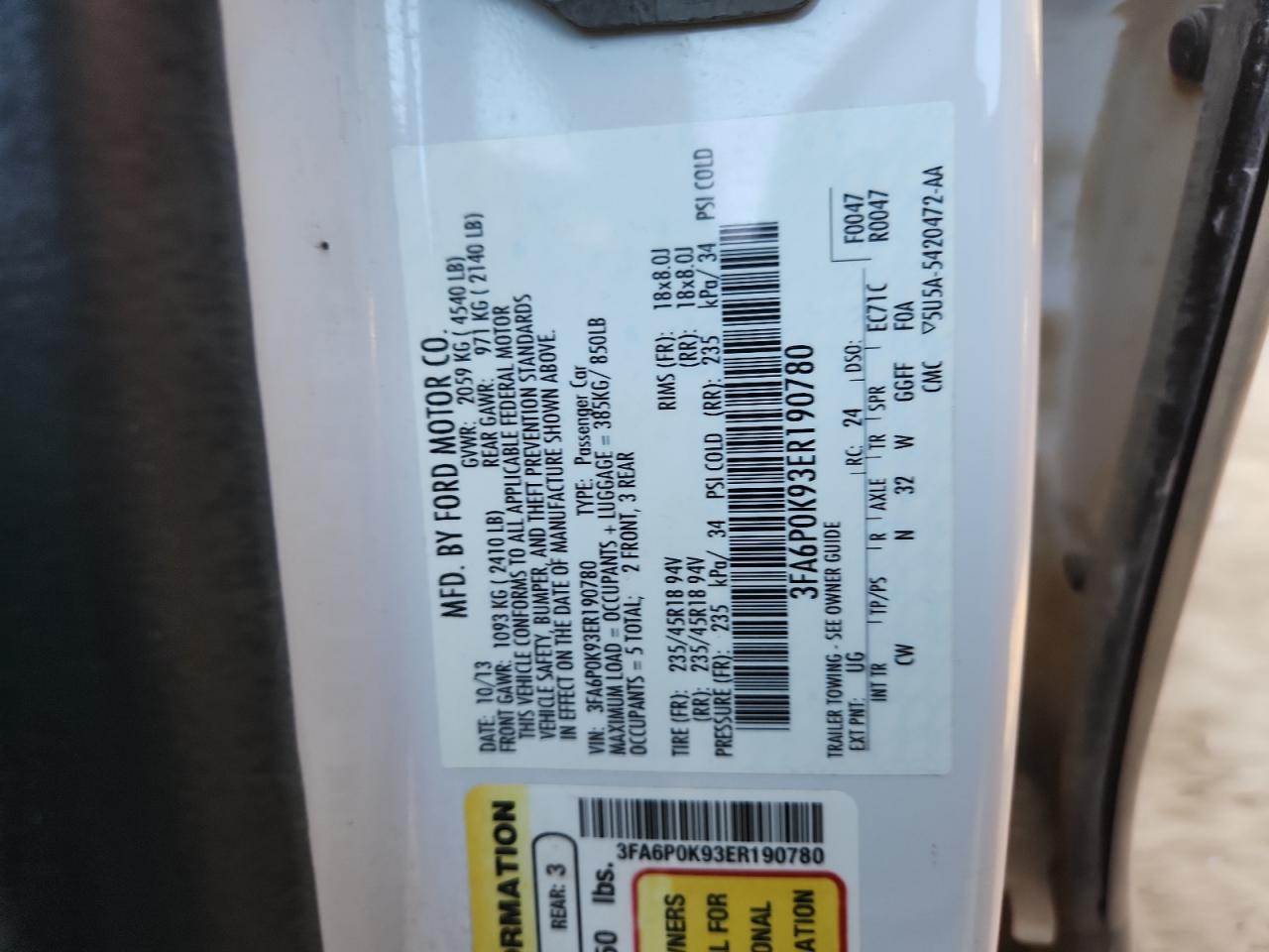 2014 Ford Fusion Titanium VIN: 3FA6P0K93ER190780 Lot: 92425035