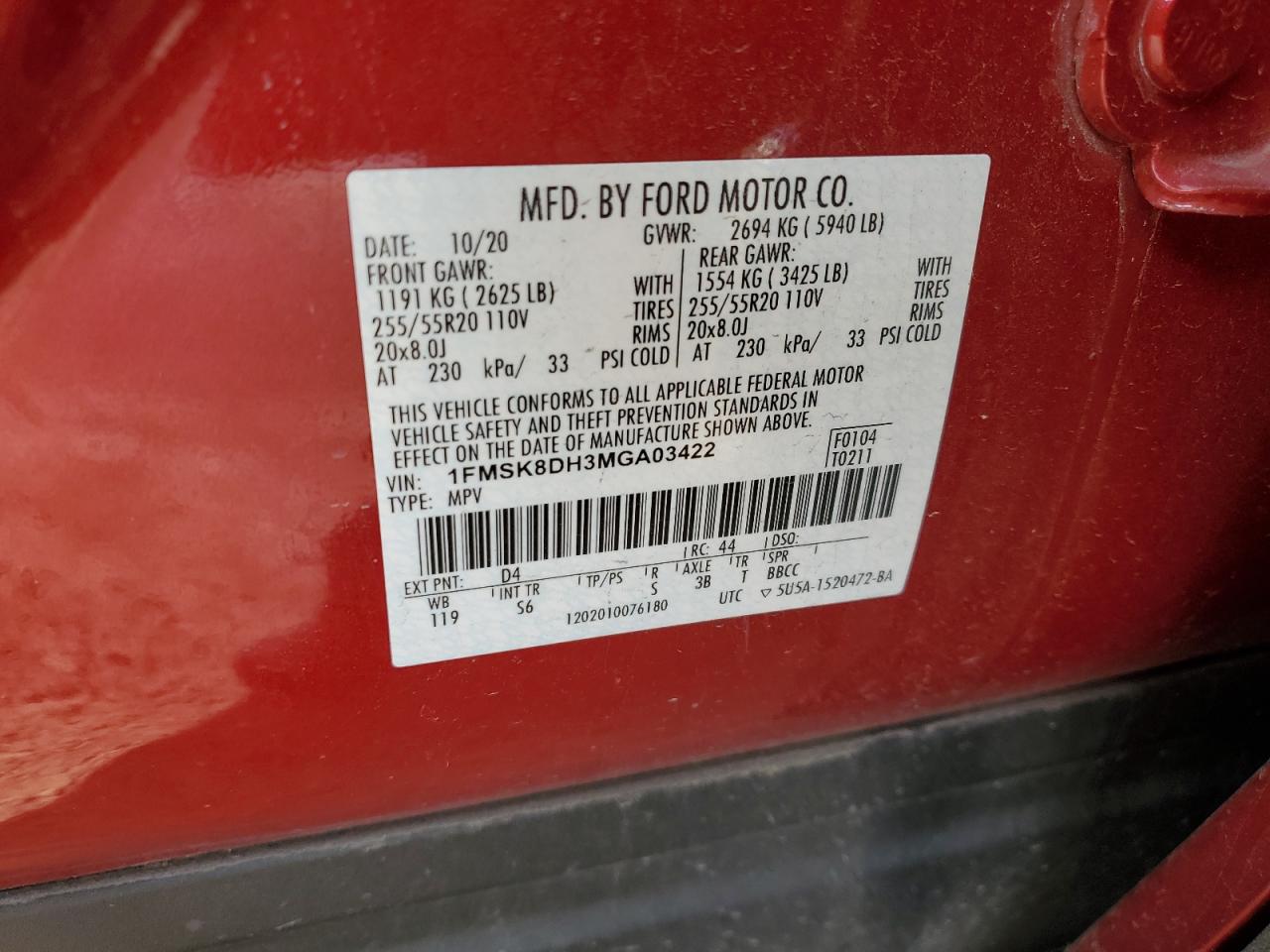 2021 Ford Explorer Xlt VIN: 1FMSK8DH3MGA03422 Lot: 93121735