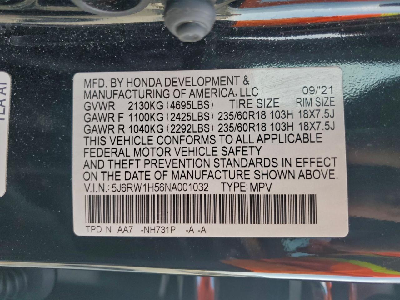 2022 Honda Cr-V Ex VIN: 5J6RW1H56NA001032 Lot: 94337415