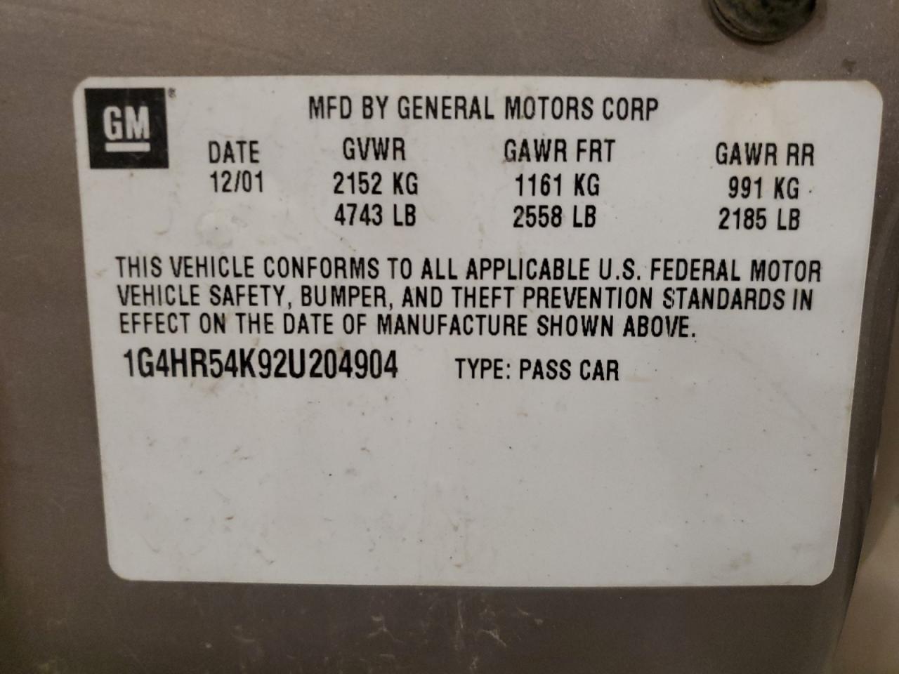 2002 Buick Lesabre Limited VIN: 1G4HR54K92U204904 Lot: 91799765