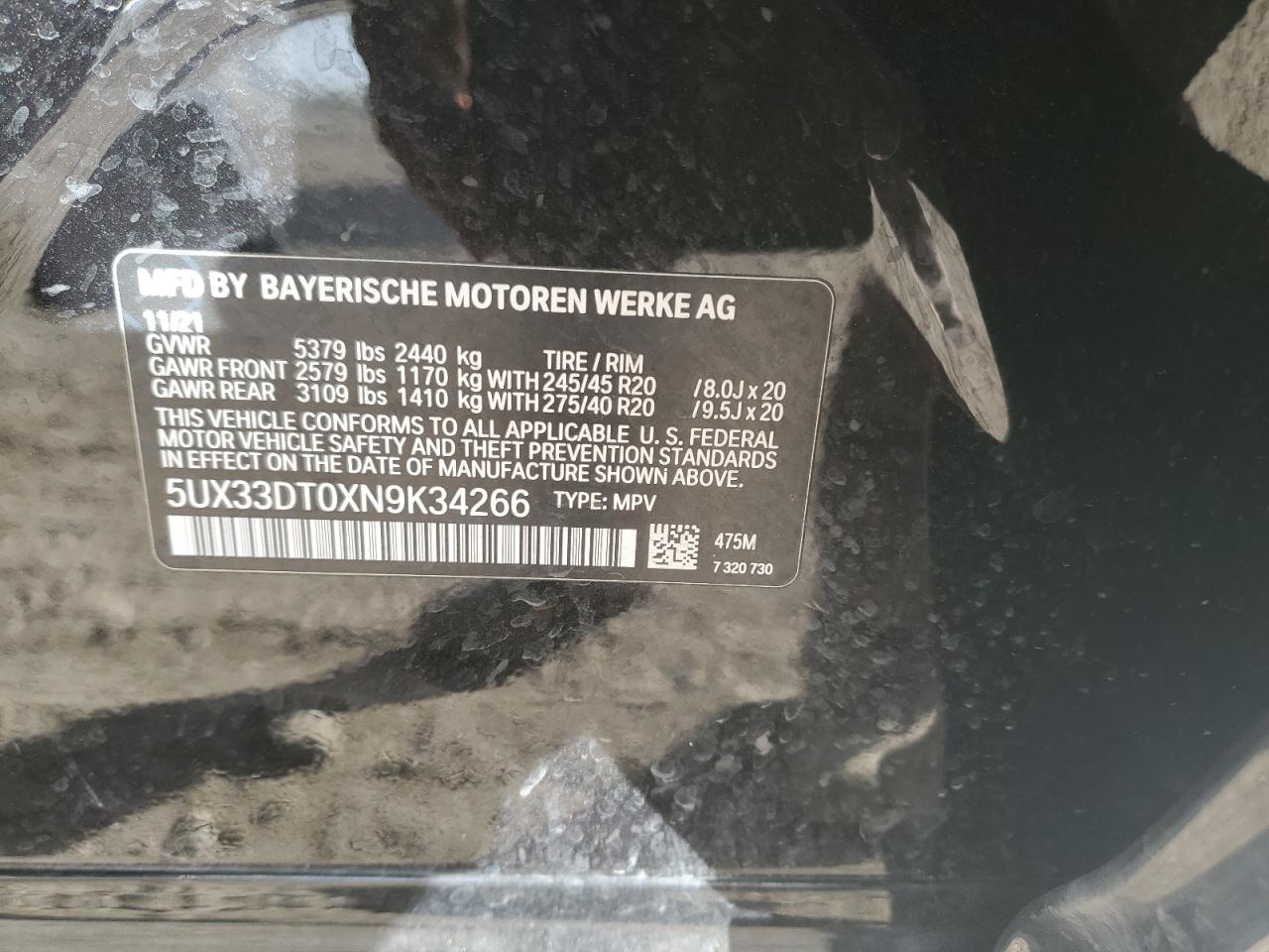 2022 BMW X4 xDrive30I VIN: 5UX33DT0XN9K34266 Lot: 91913035