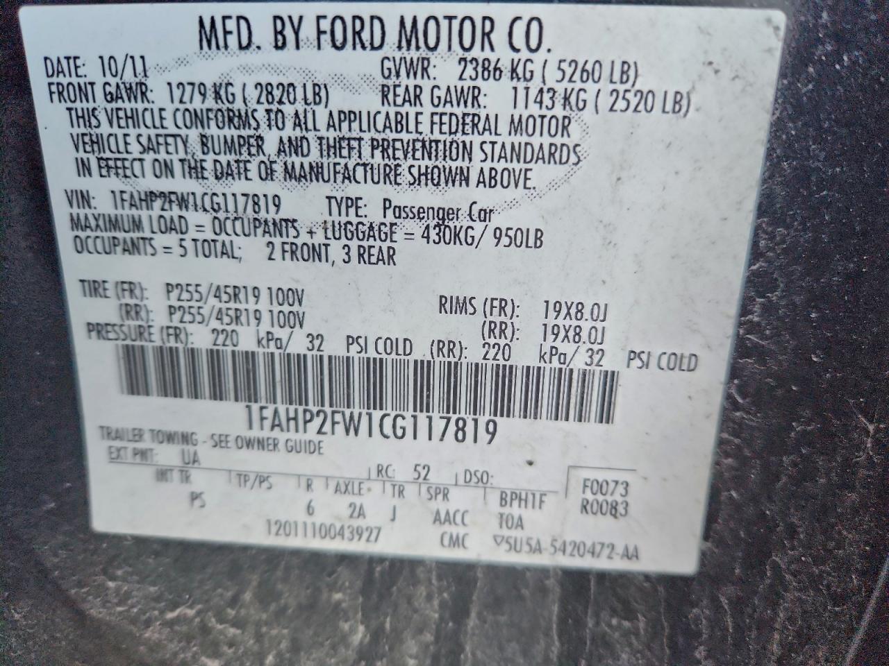 2012 Ford Taurus Limited VIN: 1FAHP2FW1CG117819 Lot: 94098495