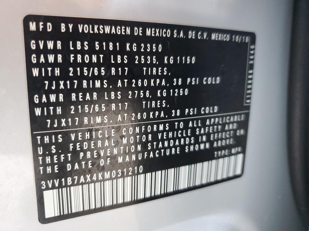 2019 Volkswagen Tiguan S VIN: 3VV1B7AX4KM031210 Lot: 93193205