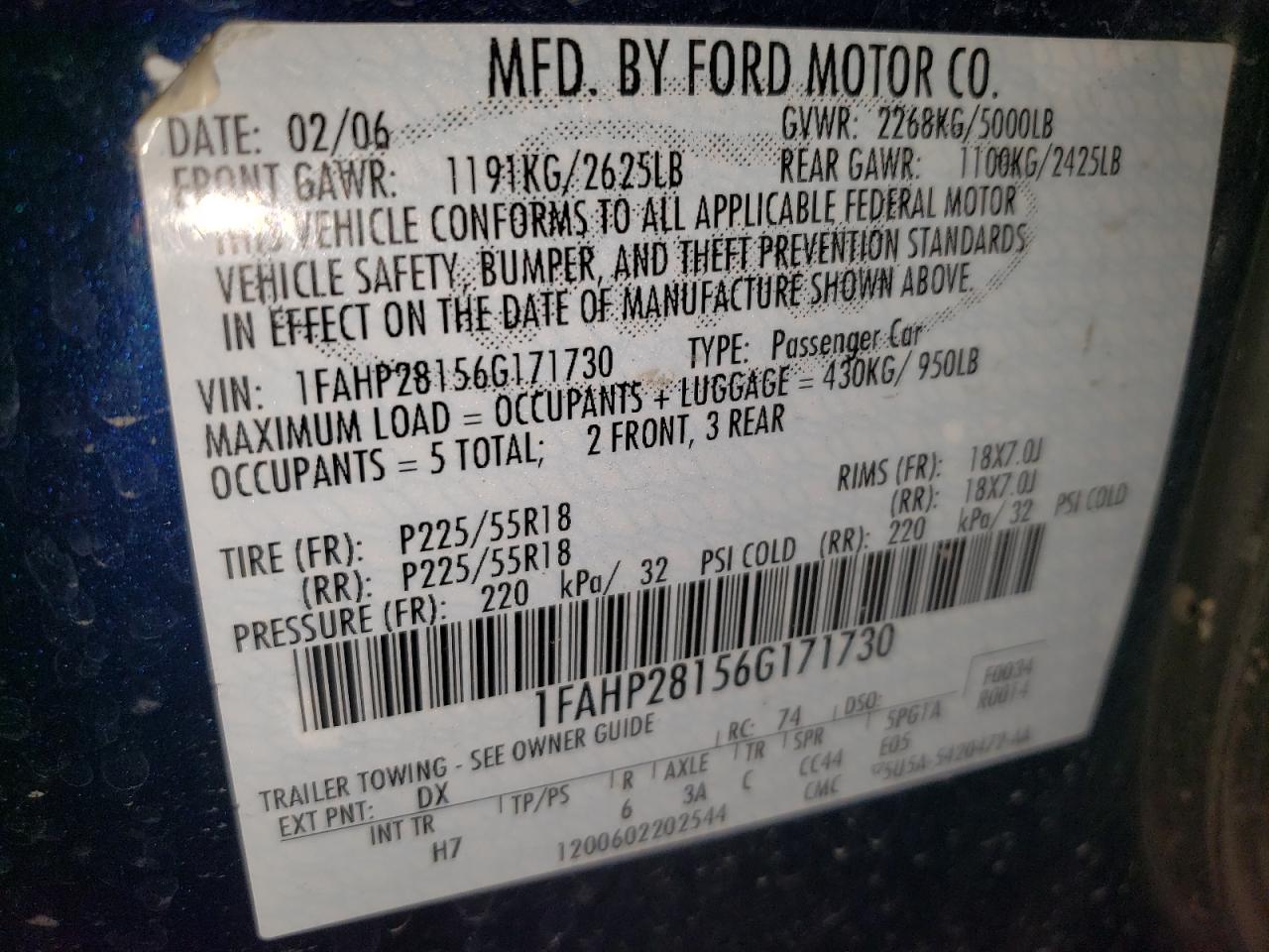 2006 Ford Five Hundred Limited VIN: 1FAHP28156G171730 Lot: 91790105