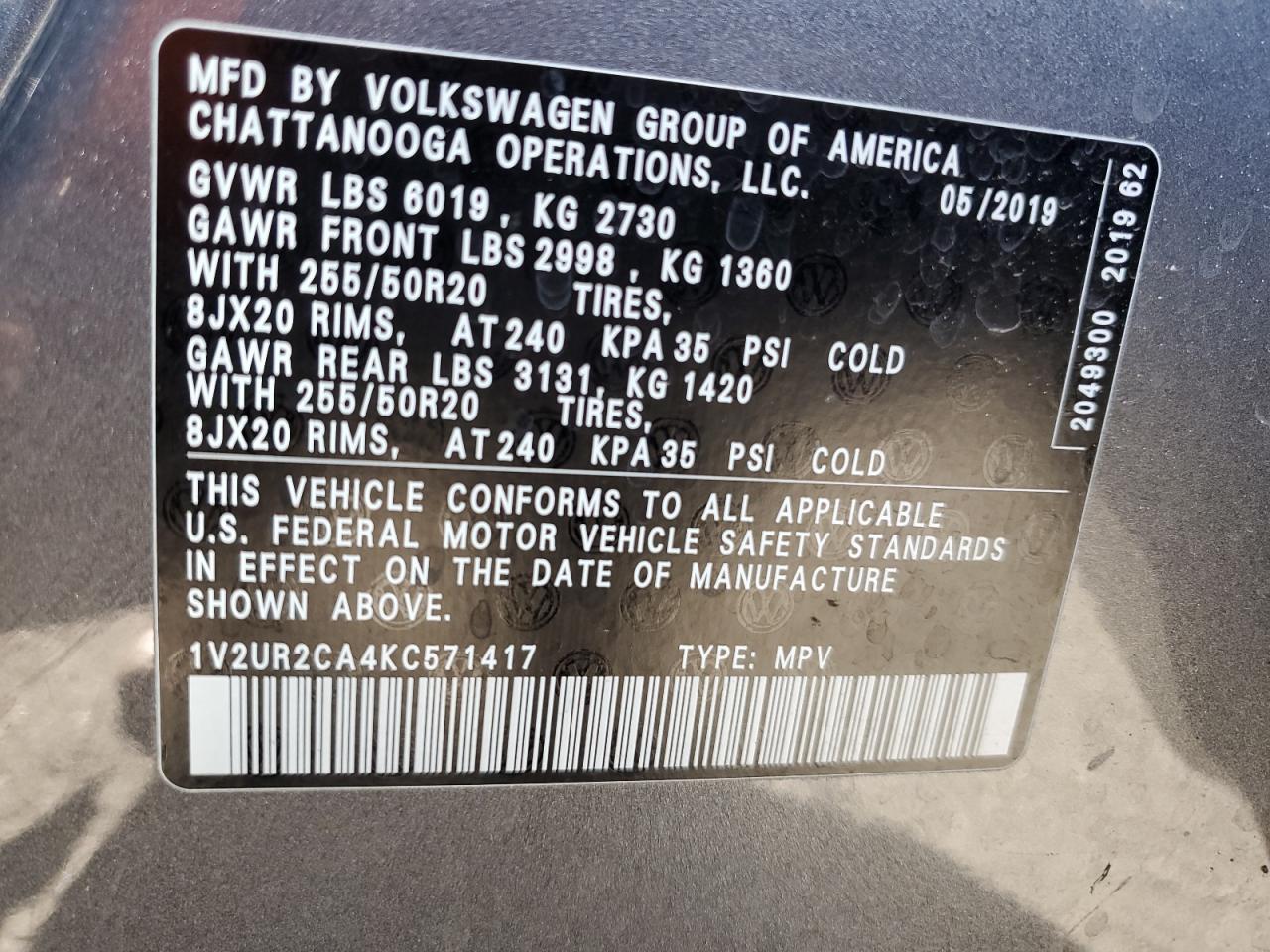 2019 Volkswagen Atlas Se VIN: 1V2UR2CA4KC571417 Lot: 90754415