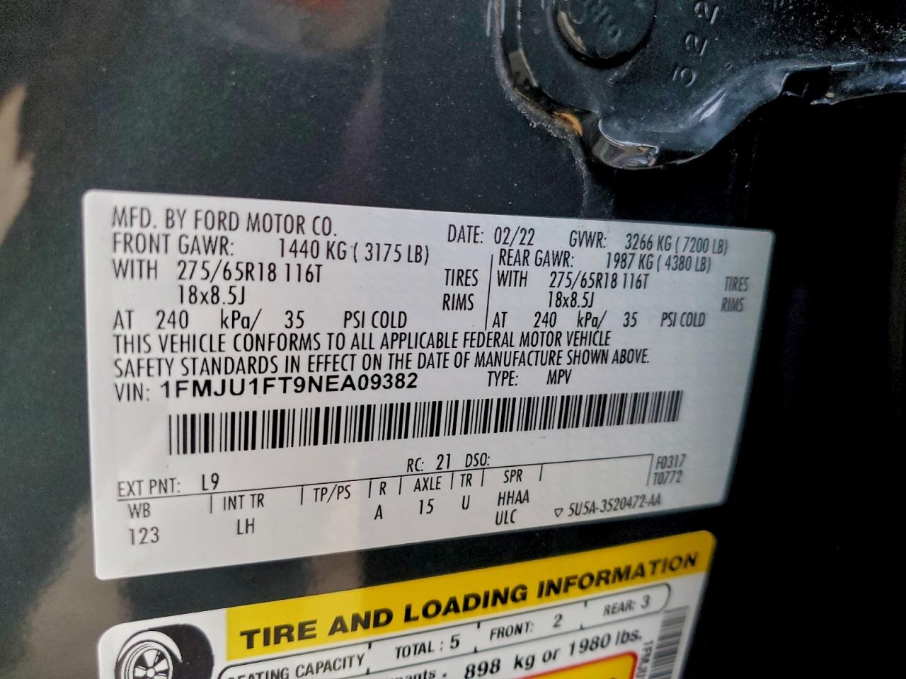 2022 Ford Expedition Xl VIN: 1FMJU1FT9NEA09382 Lot: 94144345