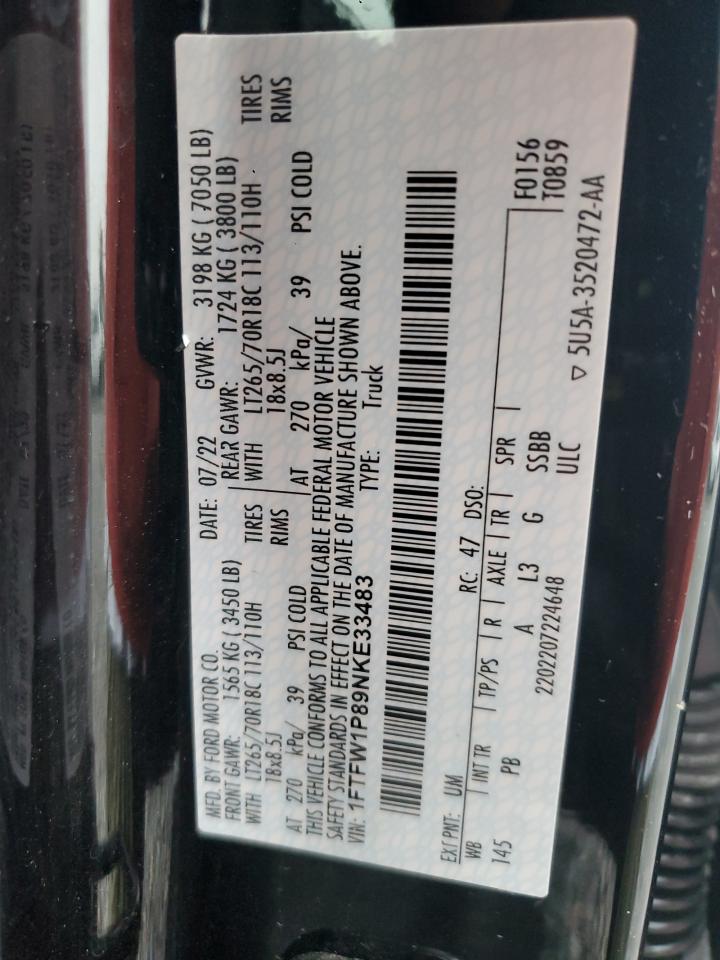 2022 Ford F150 Police Responder VIN: 1FTFW1P89NKE33483 Lot: 93283645