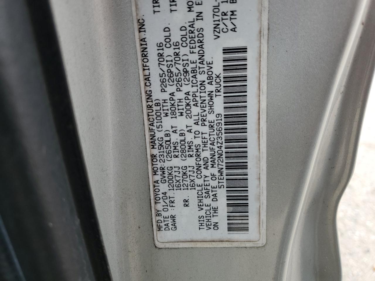 2004 Toyota Tacoma Xtracab VIN: 5TEWN72N04Z356919 Lot: 91826645