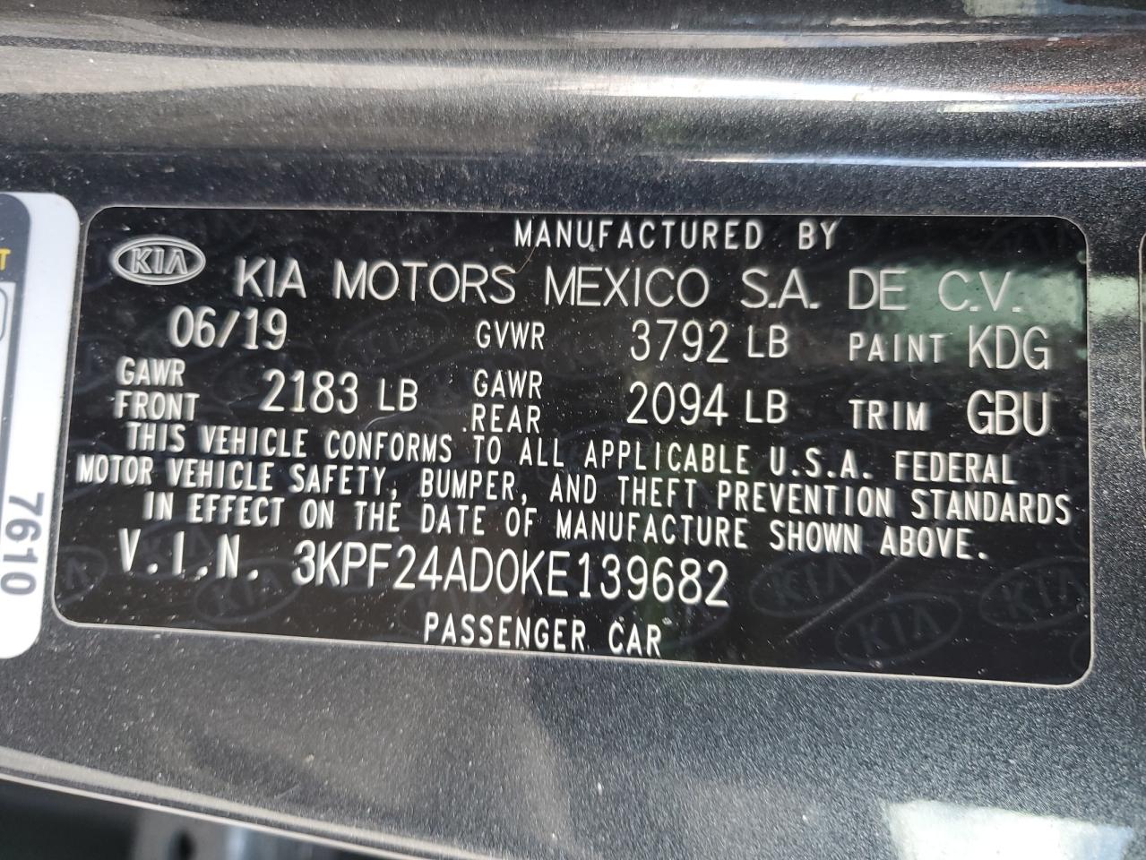 2019 Kia Forte Fe VIN: 3KPF24AD0KE139682 Lot: 93499705