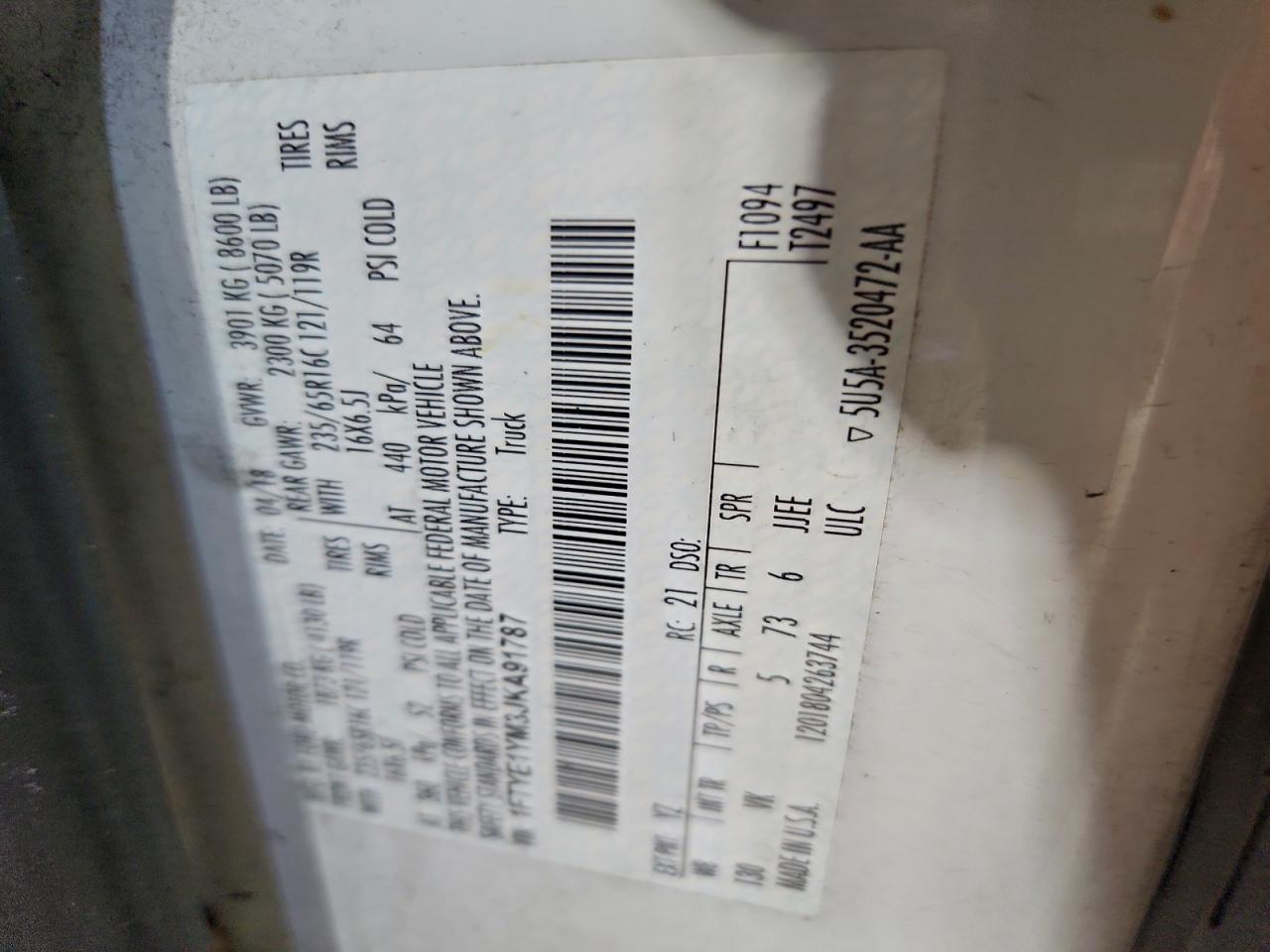 2018 Ford Transit Utility / Service Van VIN: 1FTYE1YM3JKA91787 Lot: 93131075