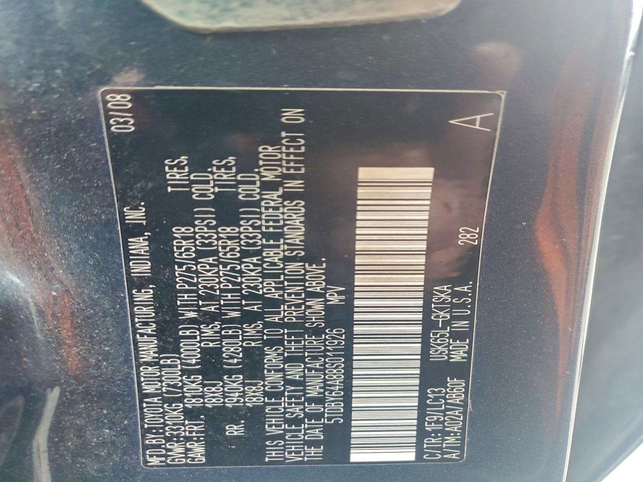 2008 Toyota Sequoia Sr5 VIN: 5TDBY64A88S011926 Lot: 94627465