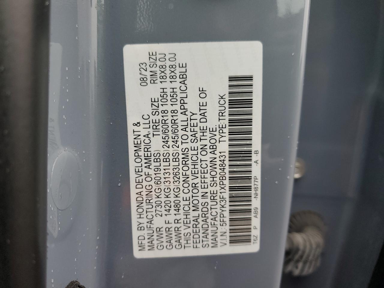 2023 Honda Ridgeline Sport VIN: 5FPYK3F1XPB048431 Lot: 91047305