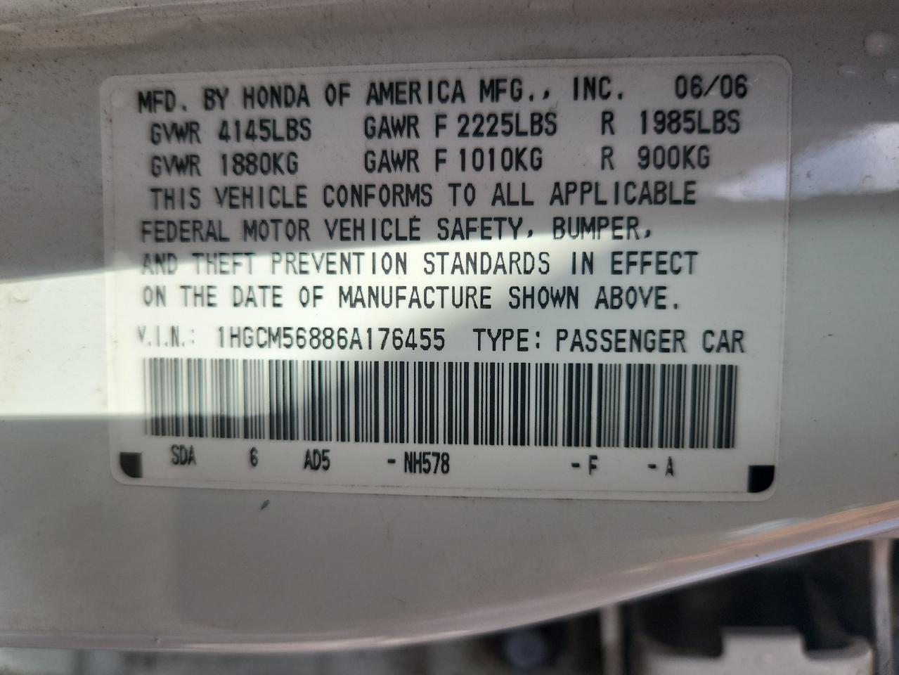 2006 Honda Accord Ex VIN: 1HGCM56886A176455 Lot: 92139085