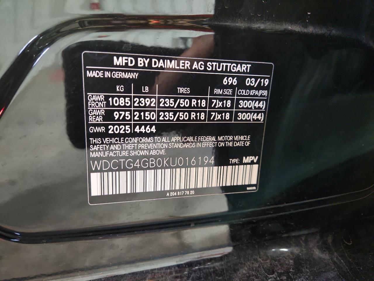 2019 Mercedes-Benz Gla 250 4Matic VIN: WDCTG4GB0KU016194 Lot: 93297065