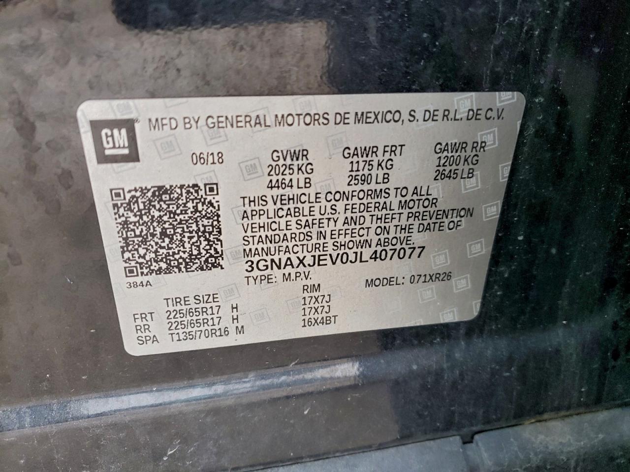 2018 Chevrolet Equinox Lt VIN: 3GNAXJEV0JL407077 Lot: 94070835