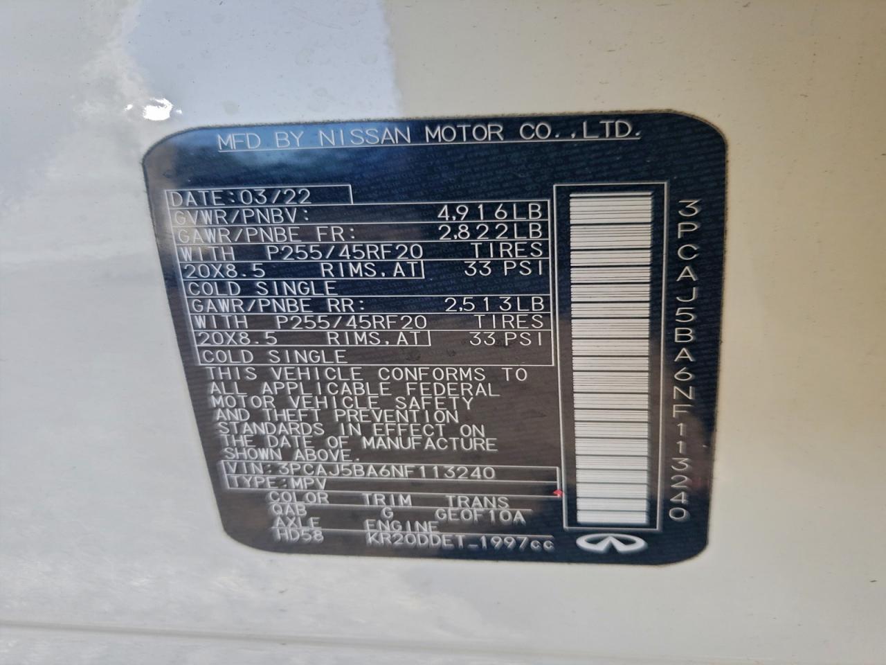 2022 Infiniti Qx50 Luxe VIN: 3PCAJ5BA6NF113240 Lot: 94703995