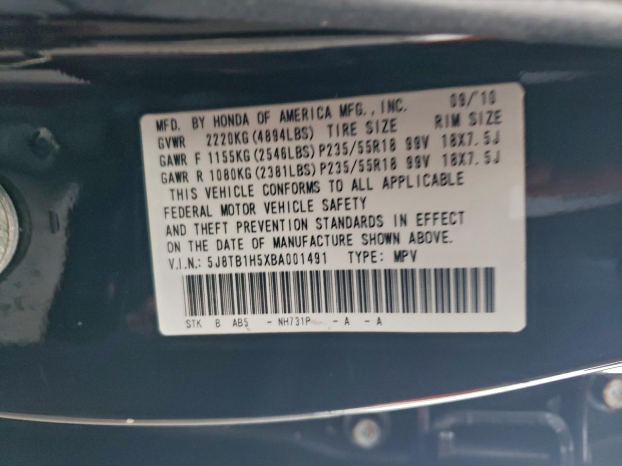 2011 Acura Rdx Technology VIN: 5J8TB1H5XBA001491 Lot: 94499215