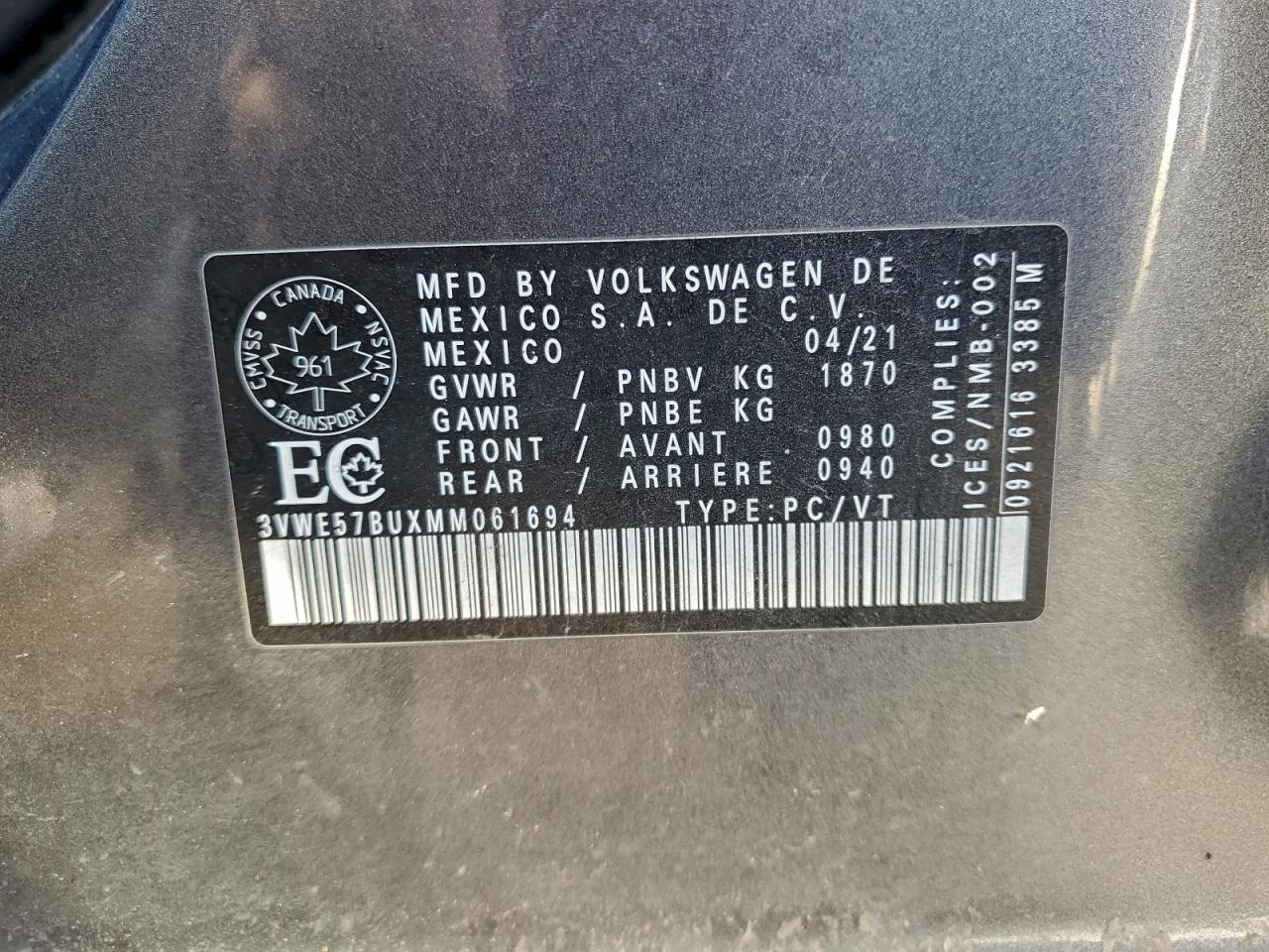 2021 Volkswagen Jetta Sel VIN: 3VWE57BUXMM061694 Lot: 91808535