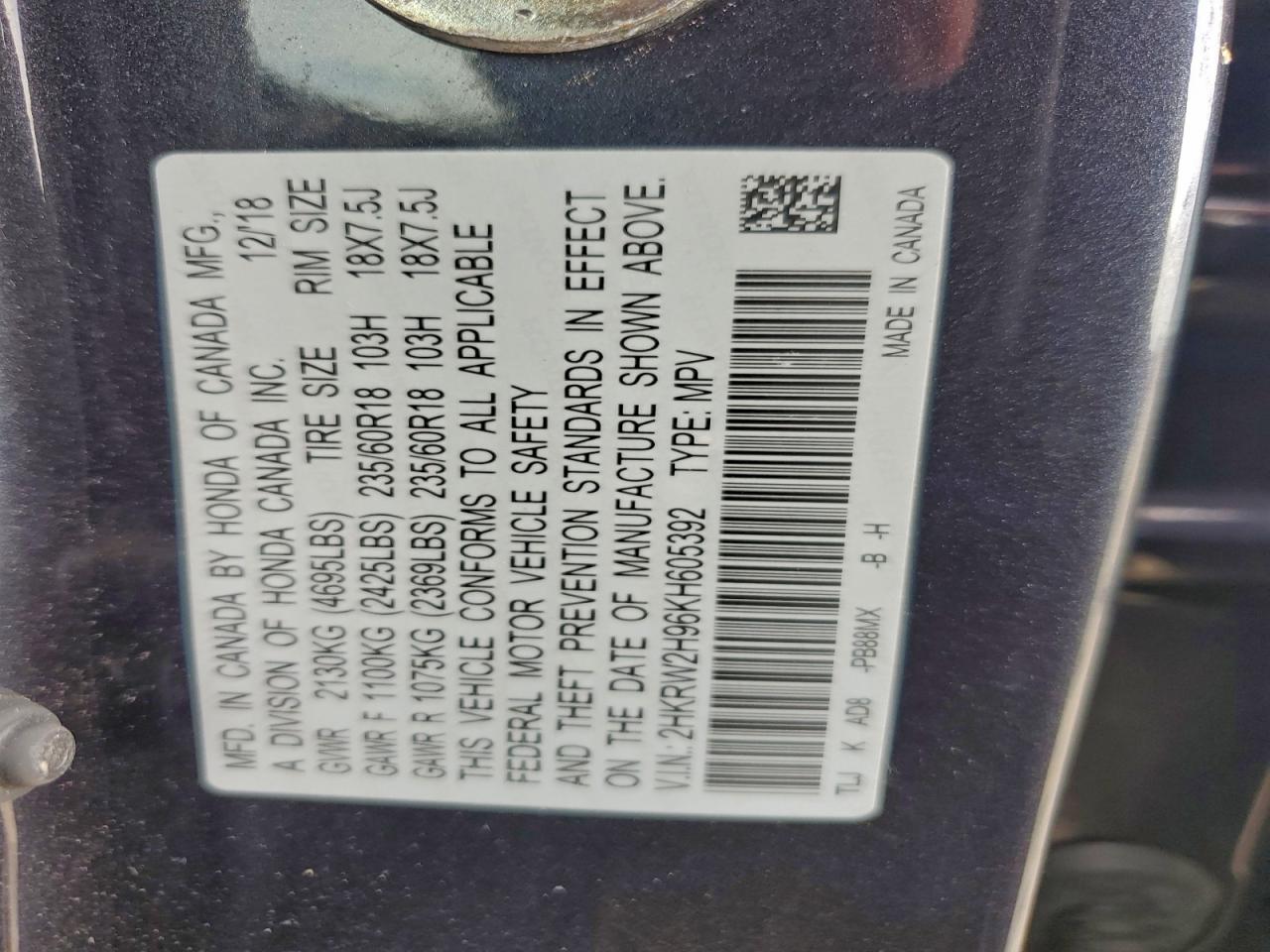 2019 Honda Cr-V Touring VIN: 2HKRW2H96KH605392 Lot: 93378245