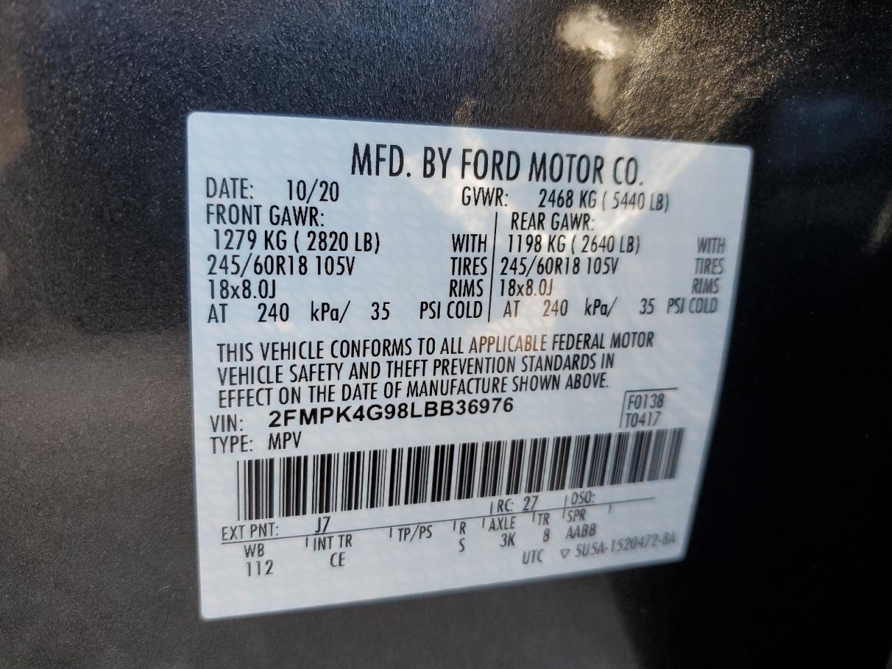 2020 Ford Edge Se VIN: 2FMPK4G98LBB36976 Lot: 92051505