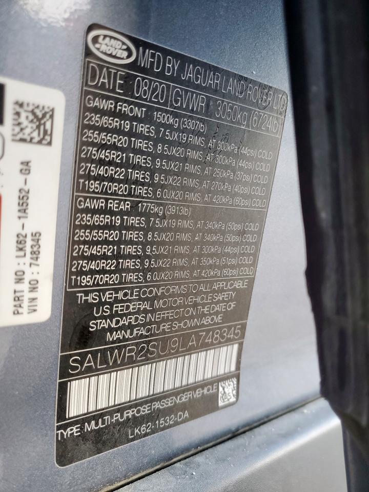 2020 Land Rover Range Rover Sport Hse VIN: SALWR2SU9LA748345 Lot: 93329795
