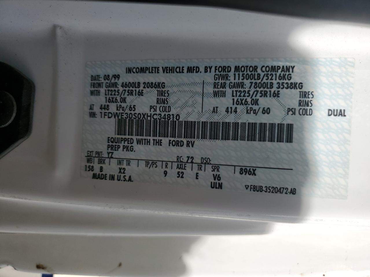 1999 Ford Econoline E350 Super Duty Cutaway Van Rv VIN: 1FDWE30S0XHC34810 Lot: 89713755