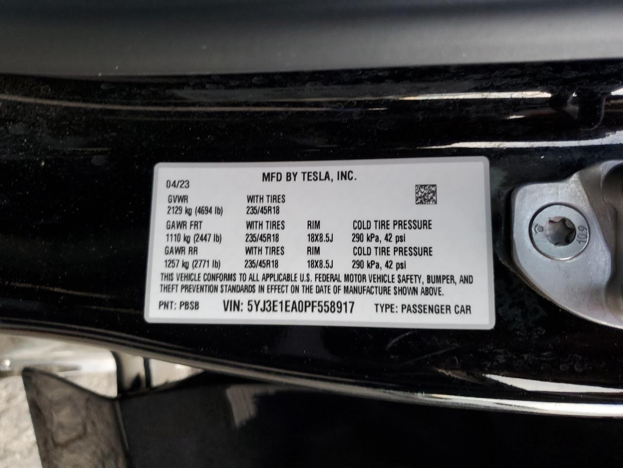 2023 Tesla Model 3 VIN: 5YJ3E1EA0PF558917 Lot: 91907925