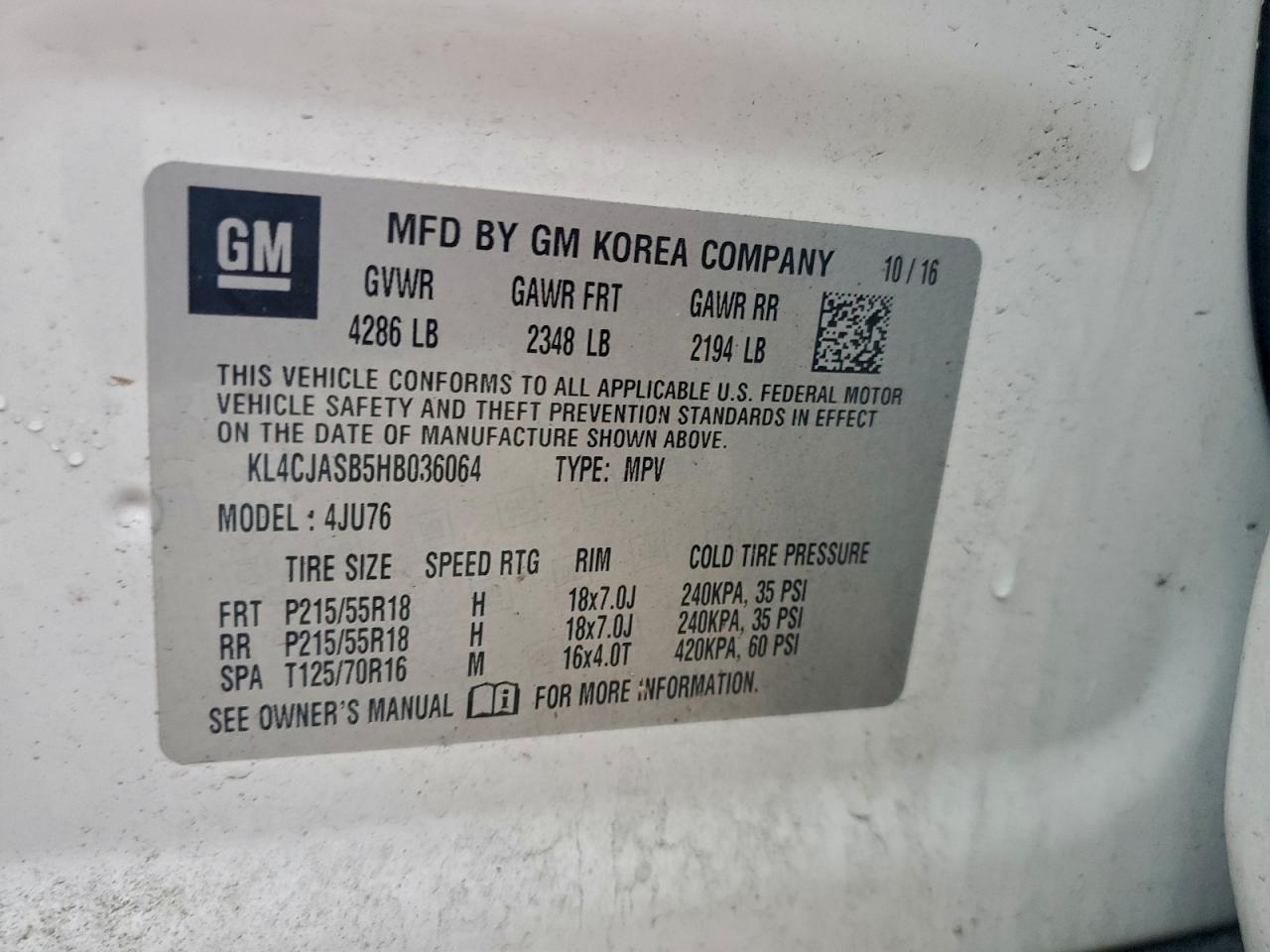 2017 Buick Encore Preferred VIN: KL4CJASB5HB036064 Lot: 94143005