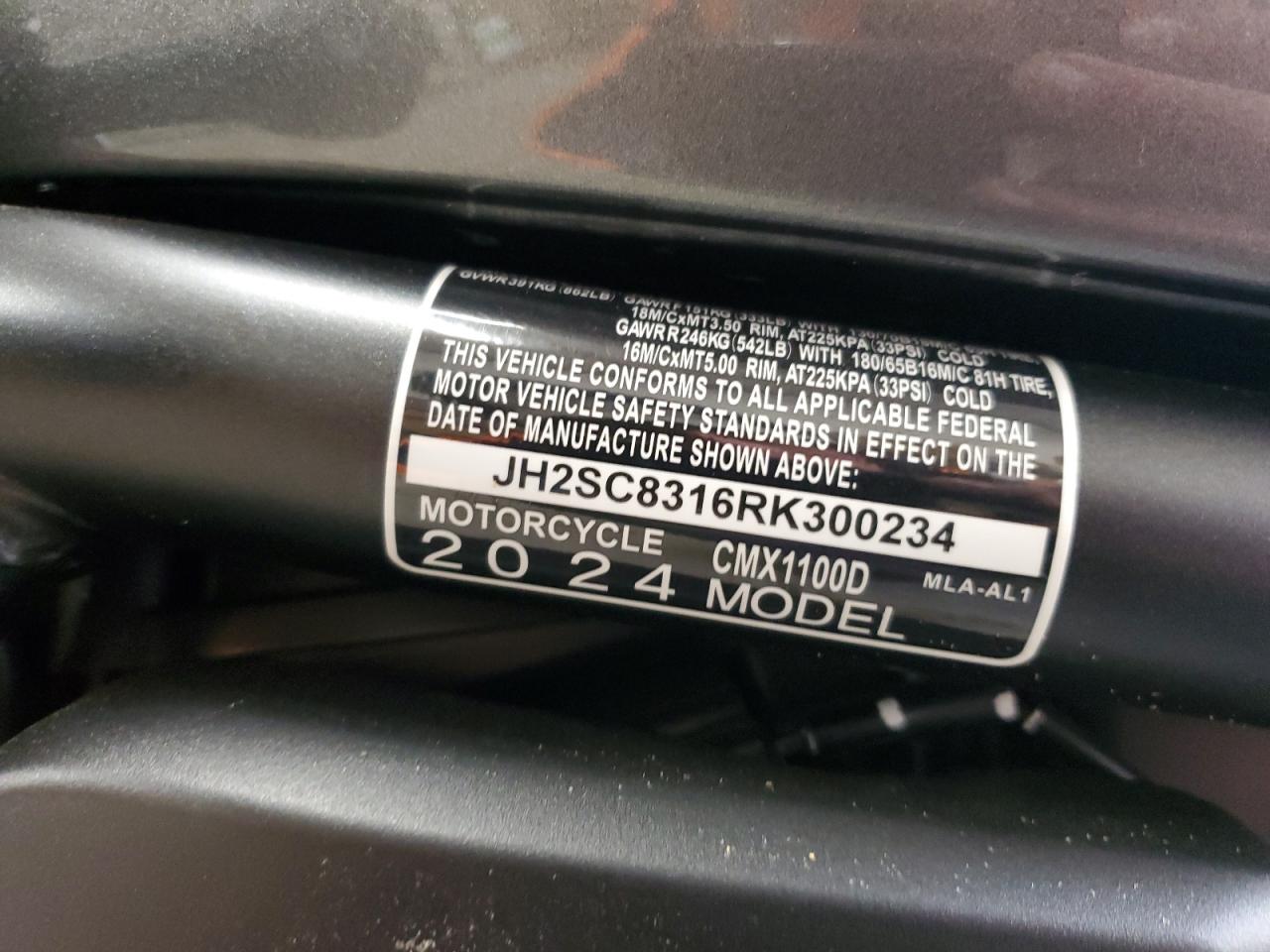 2024 Honda Cmx1100 D VIN: JH2SC8316RK300234 Lot: 92438535