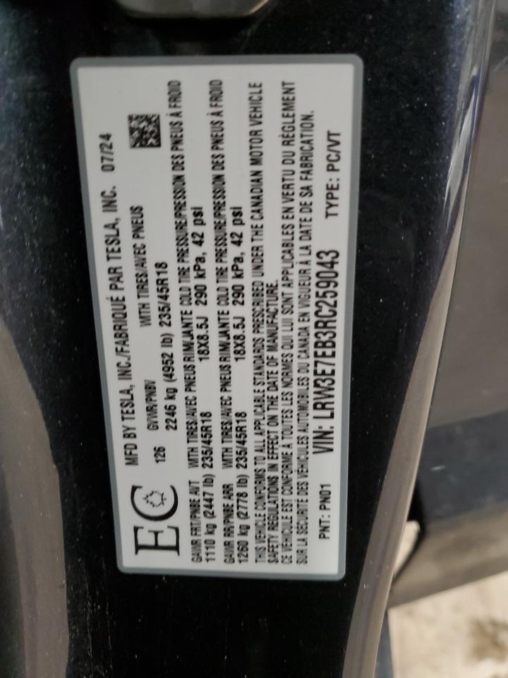 2024 Tesla Model 3 VIN: LRW3E7EB3RC259043 Lot: 92908125