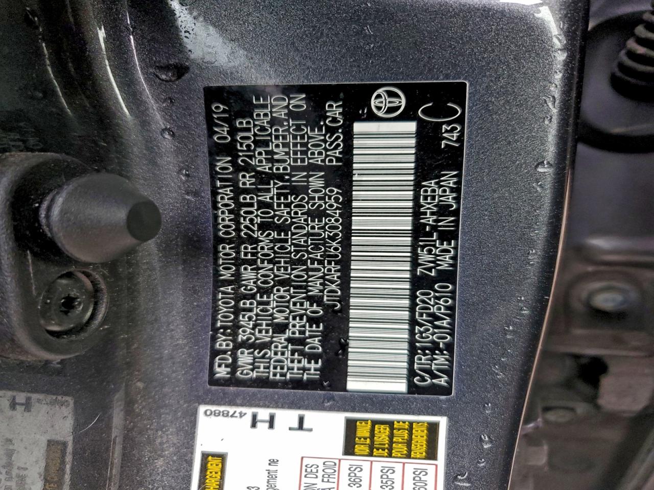 2019 Toyota Prius VIN: JTDKARFU6K3084959 Lot: 92826045