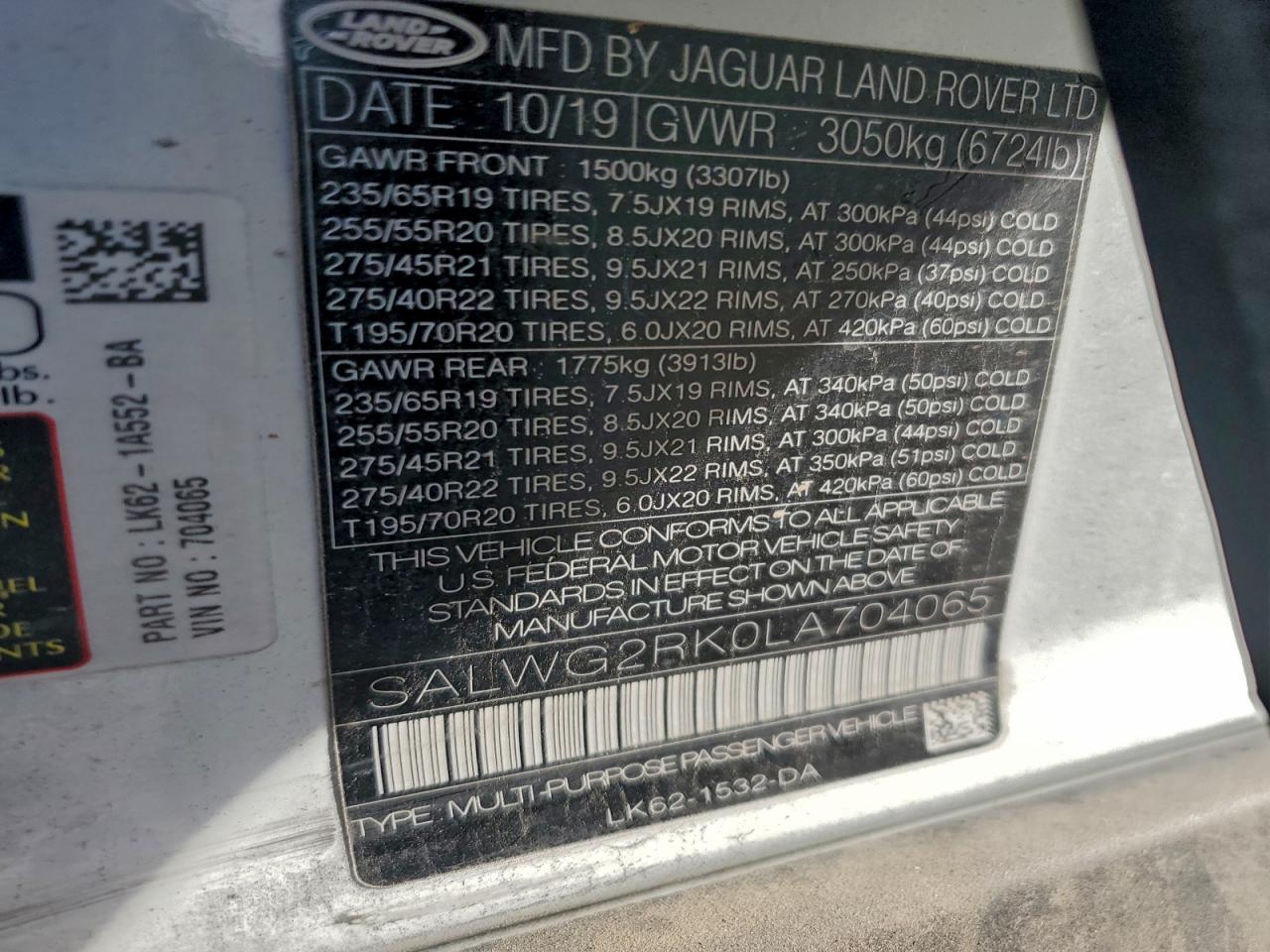 2020 Land Rover Range Rover Sport Se VIN: SALWG2RK0LA704065 Lot: 93718445