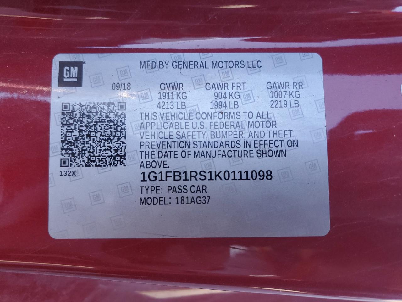 2019 Chevrolet Camaro Ls VIN: 1G1FB1RS1K0111098 Lot: 91940615