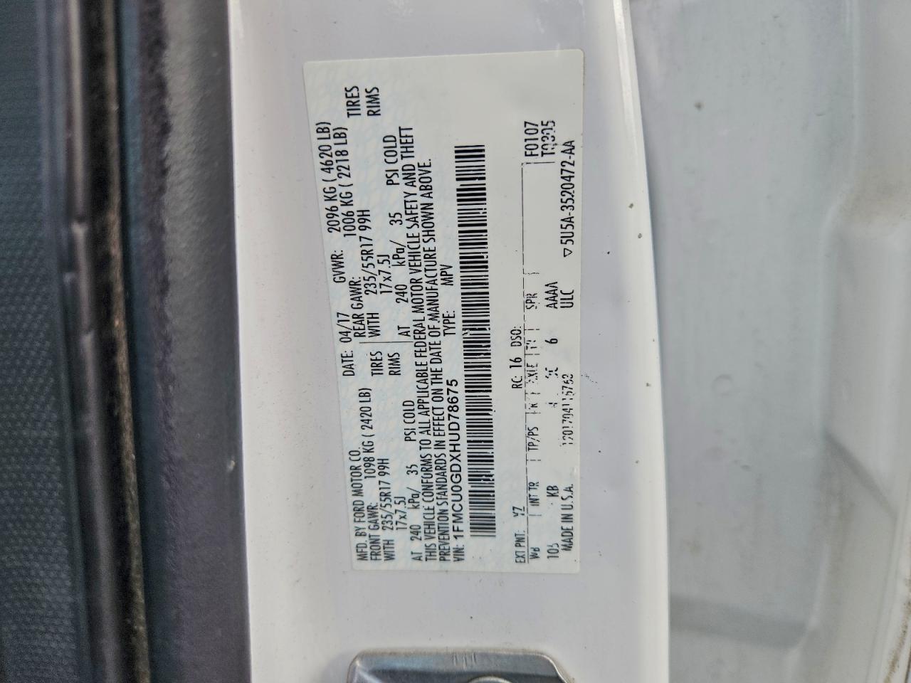 2017 Ford Escape Se VIN: 1FMCU0GDXHUD78675 Lot: 94747305