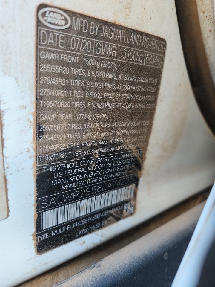 2020 Land Rover Range Rover Sport P525 Hse VIN: SALWR2SE6LA742950 Lot: 92628875