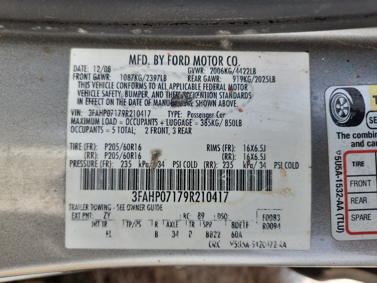 2009 Ford Fusion Se VIN: 3FAHP07179R210417 Lot: 91606515